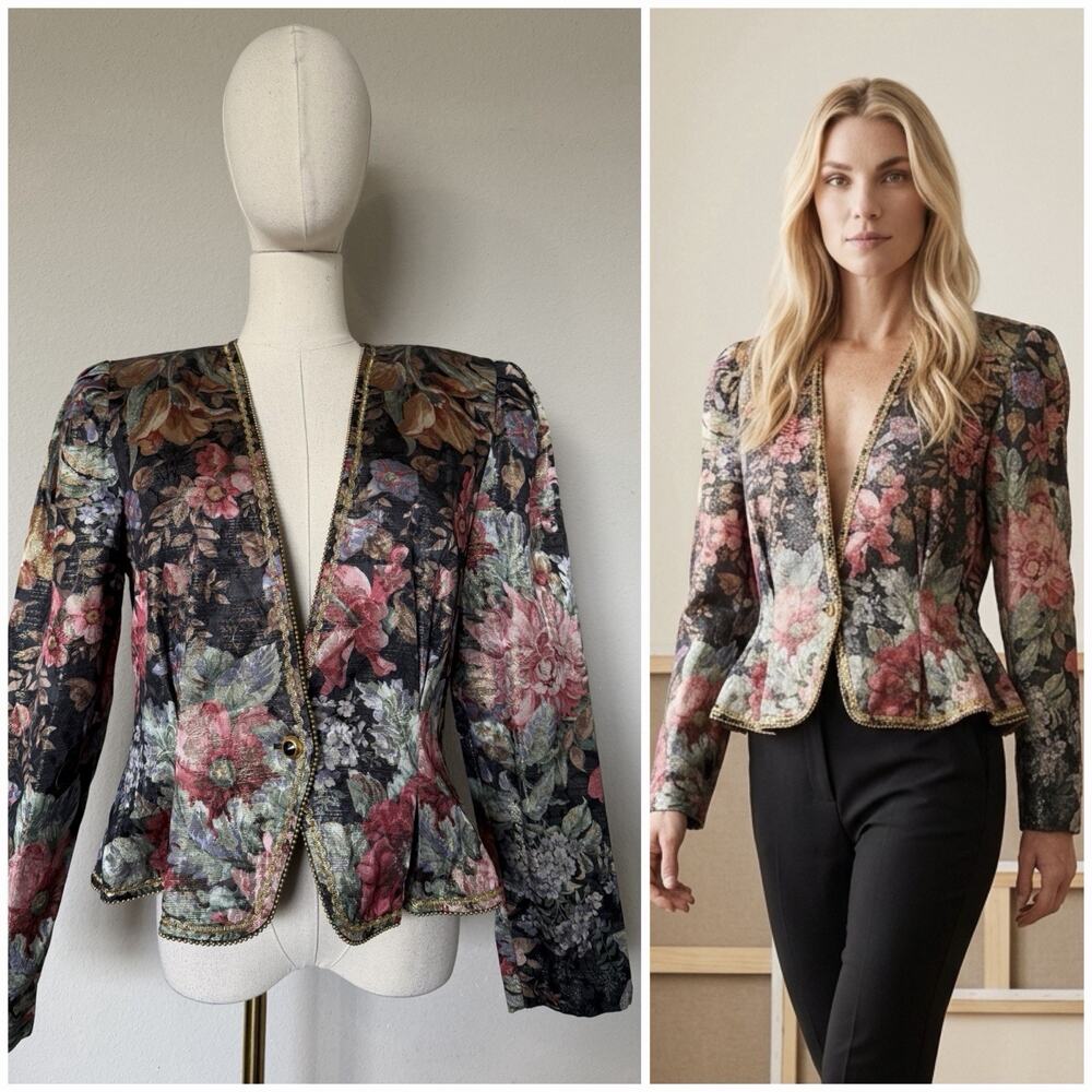 Nah Nah Collections Jonathan Tait Vintage Floral Tapestry Metallic Blazer Sz 12